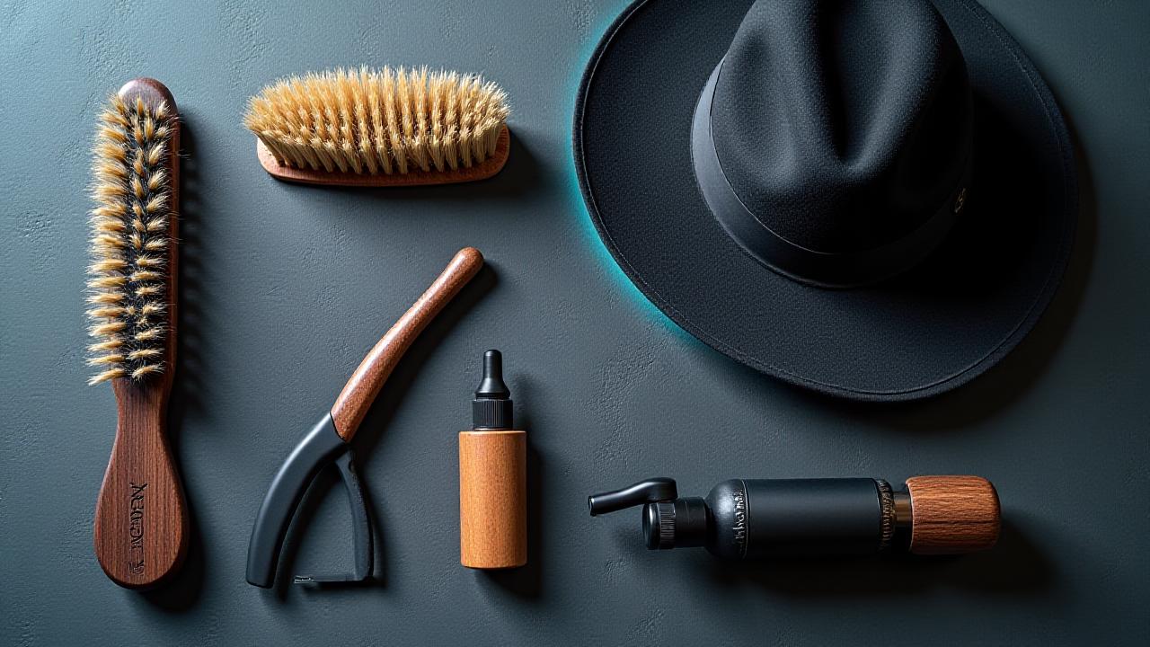 Neatly arranged artisanal hat care tools on a dark textured surface